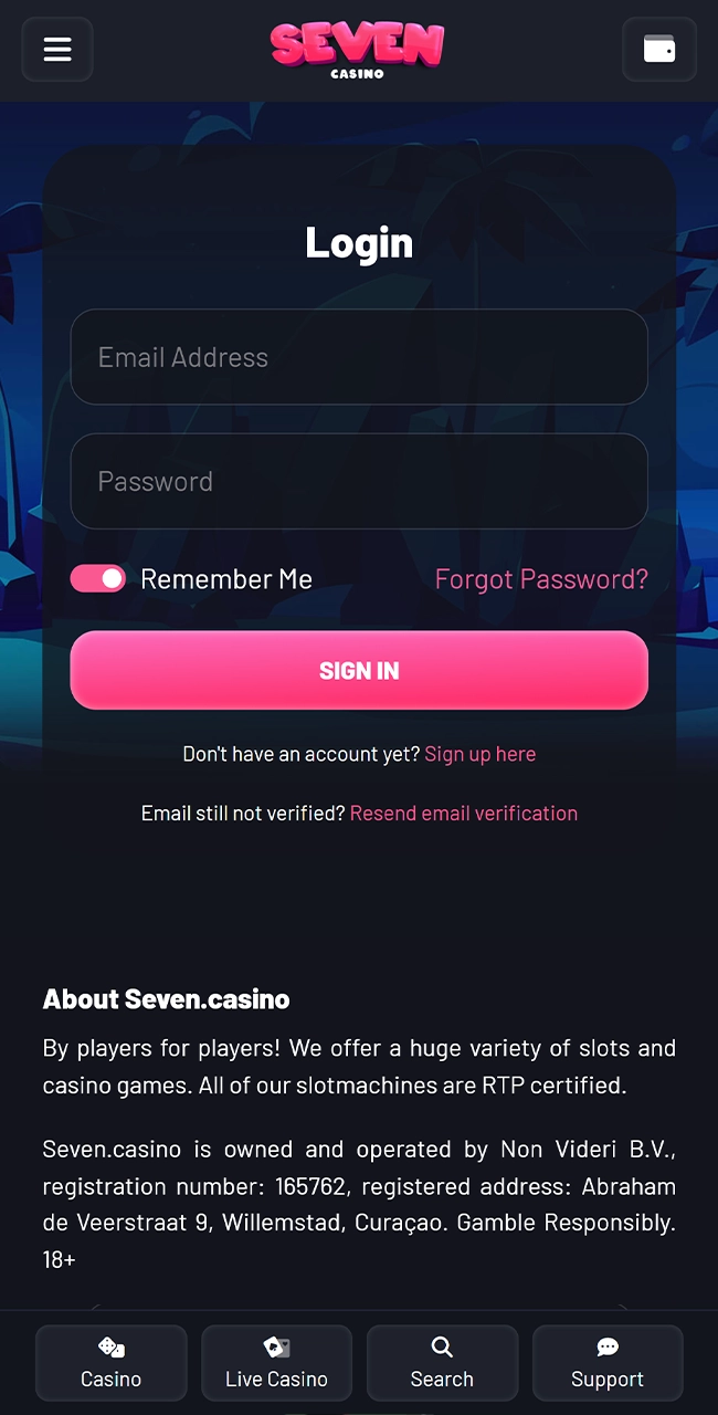 Conectați-vă la contul dvs. de pe site-ul Seven Casino.