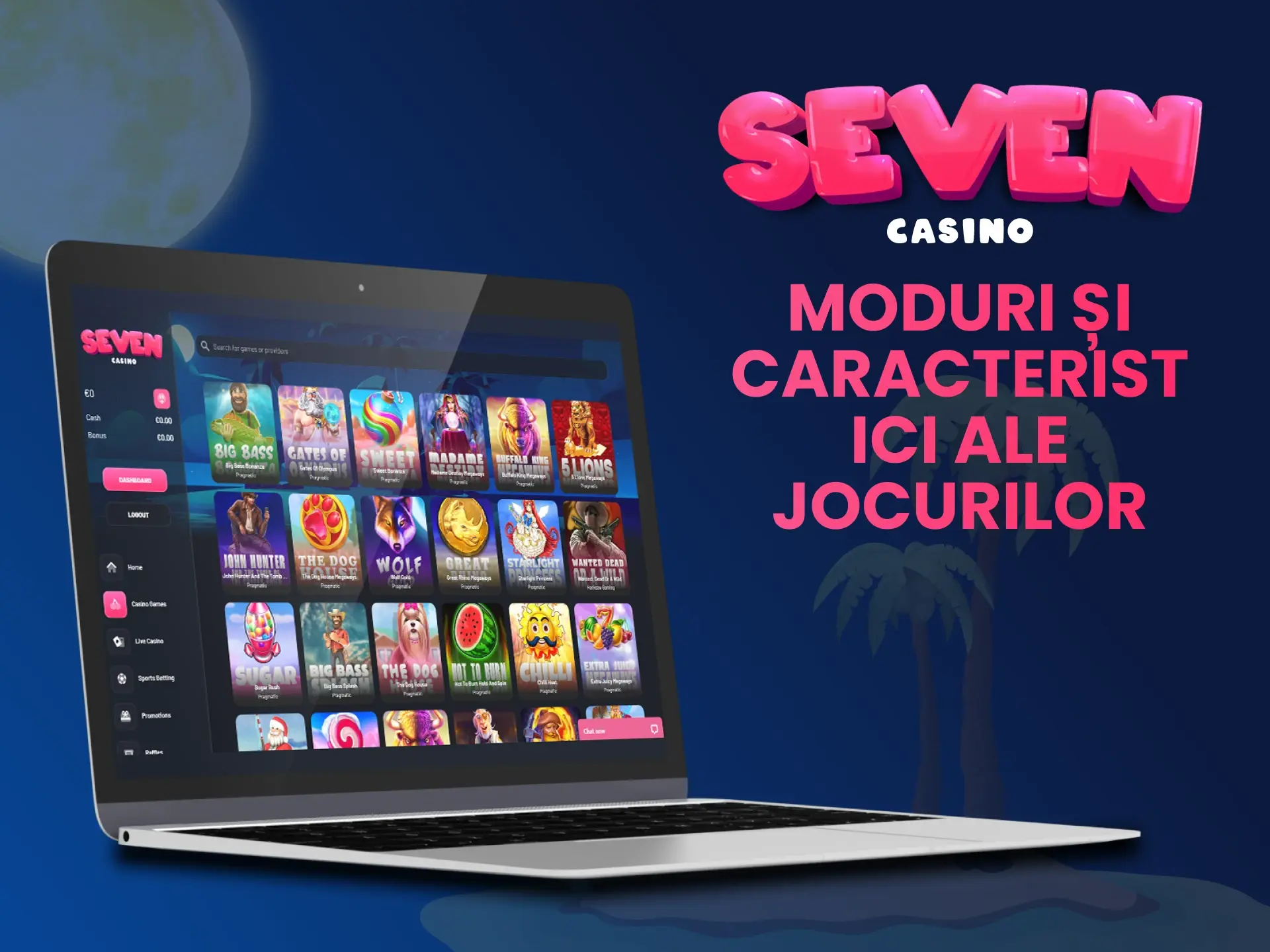 Selecție largă de jocuri și moduri de joc la Seven Casino.