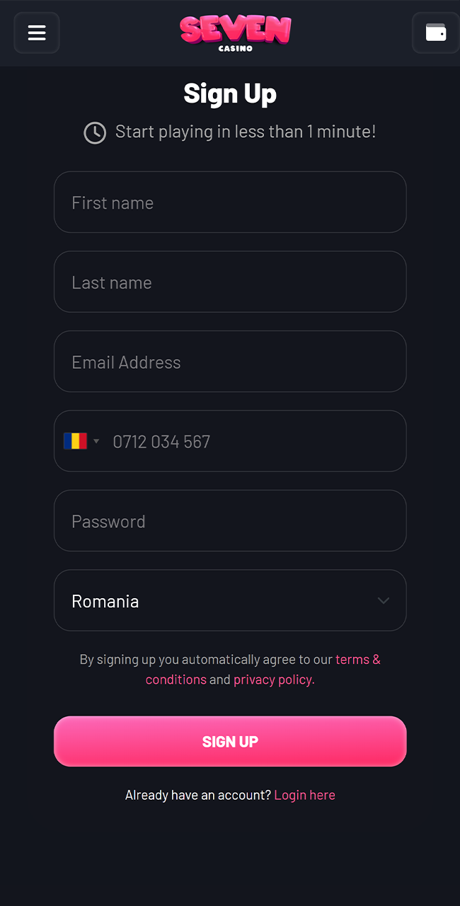 Introduceți informațiile solicitate în formularul de înregistrare de la Seven Casino.